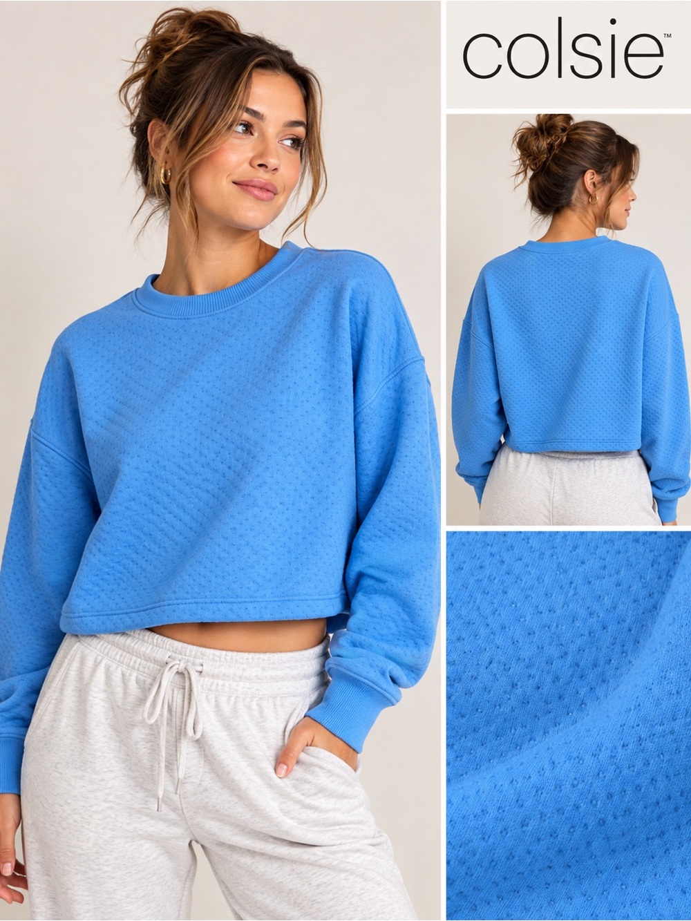 Colsie Blue Textured Cropped Sweatshirt Women’s Medium Crewneck Pullover
